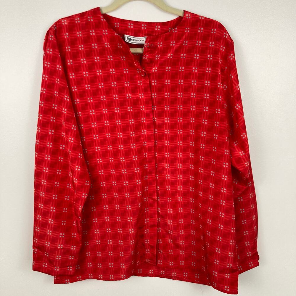 Vintage Womens L Red Geo Check‎ Print Button Up Blouse Twee Office Retro Mod